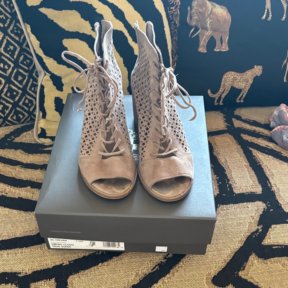 Vince Camuto Lace-Up Peep-Toe Booties in Taupe Suede